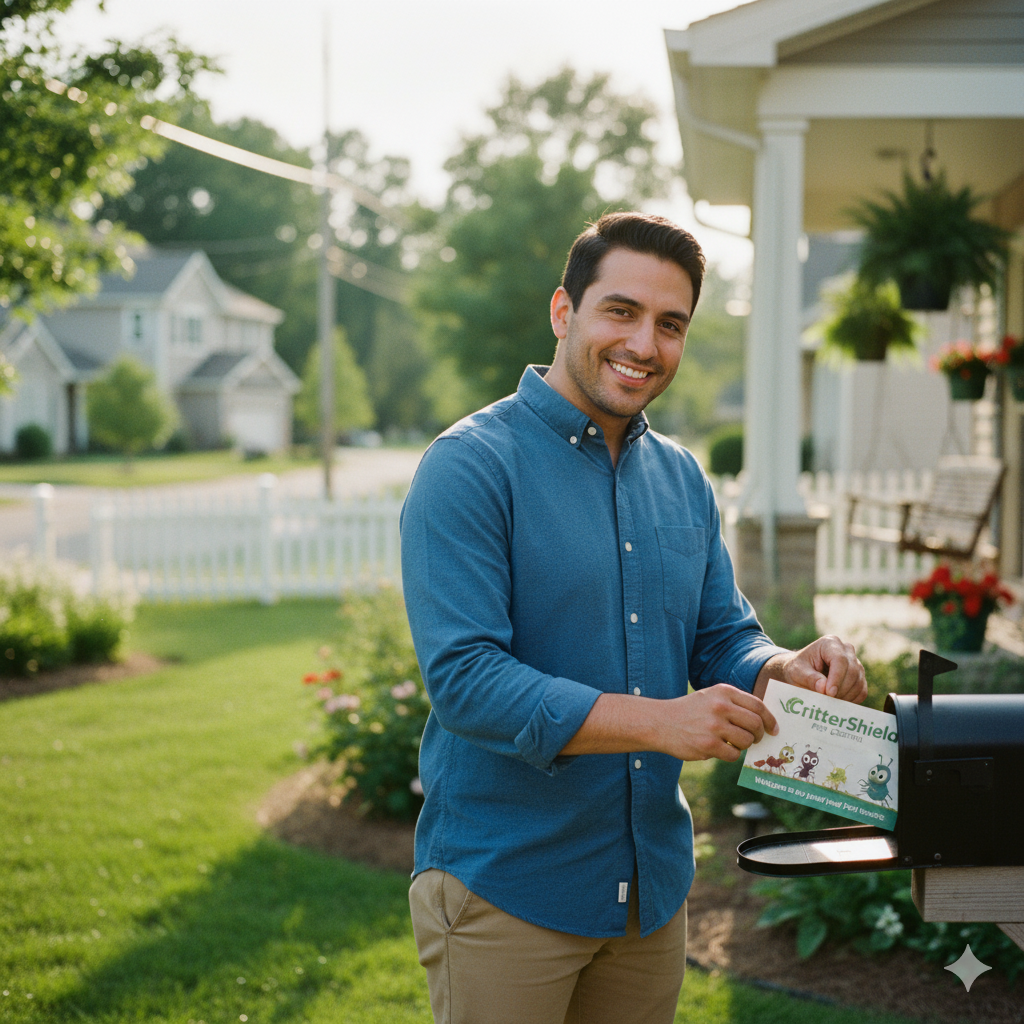 Homeowner pulling postcard from mailbox